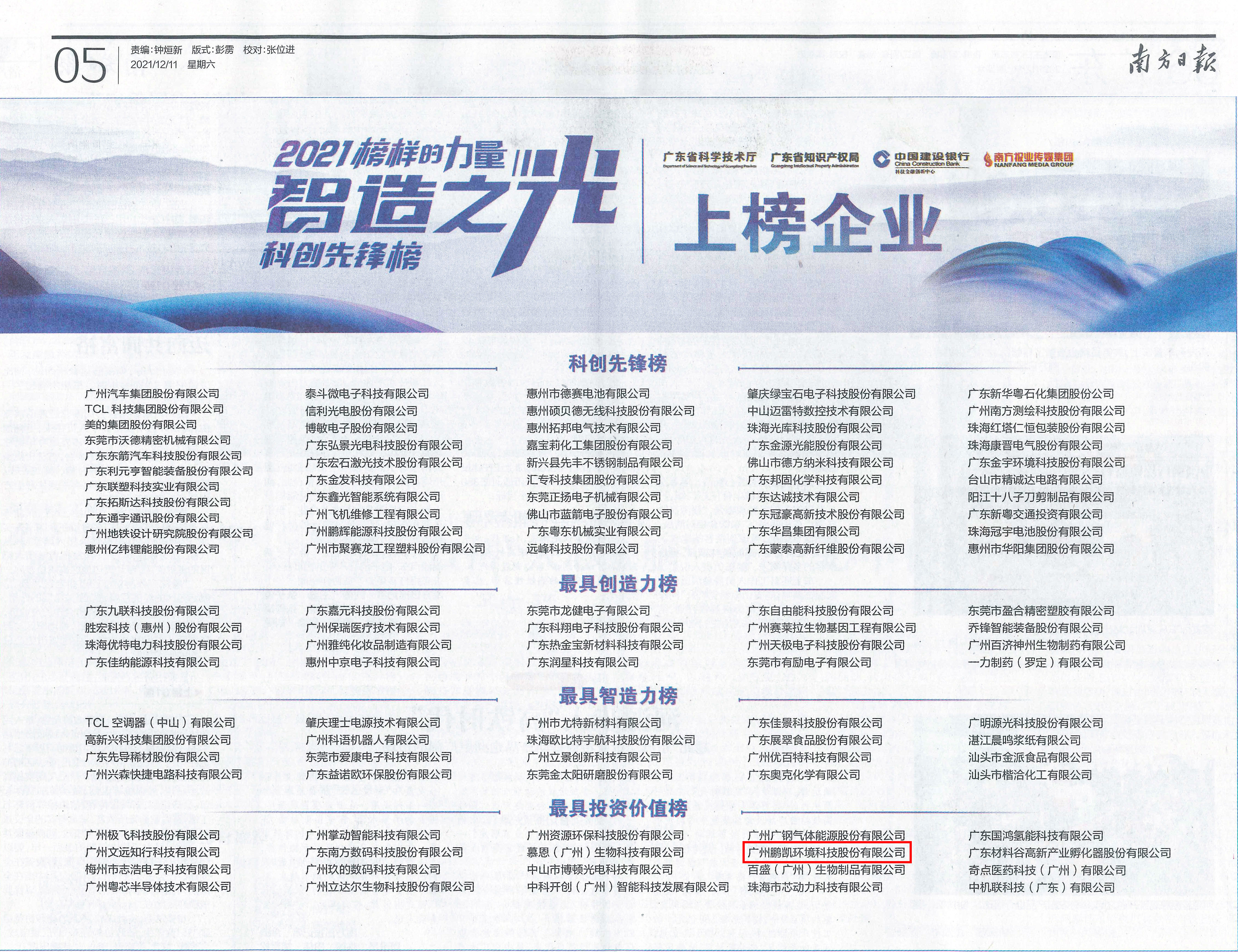 鵬凱環(huán)境榮登2021“智造之光”最具投資價(jià)值榜